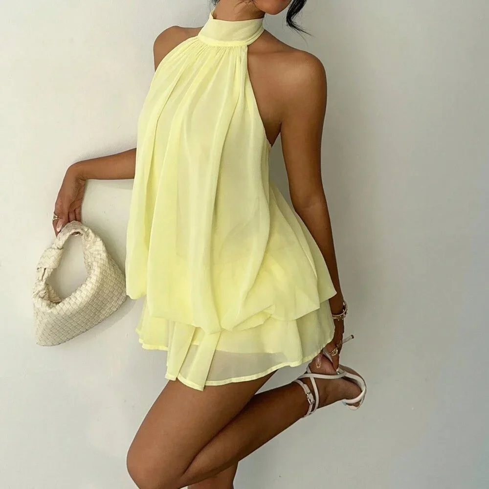 Light Yellow Elegant Women's Chiffon Mini Halter Dress - Picture 1 of 7